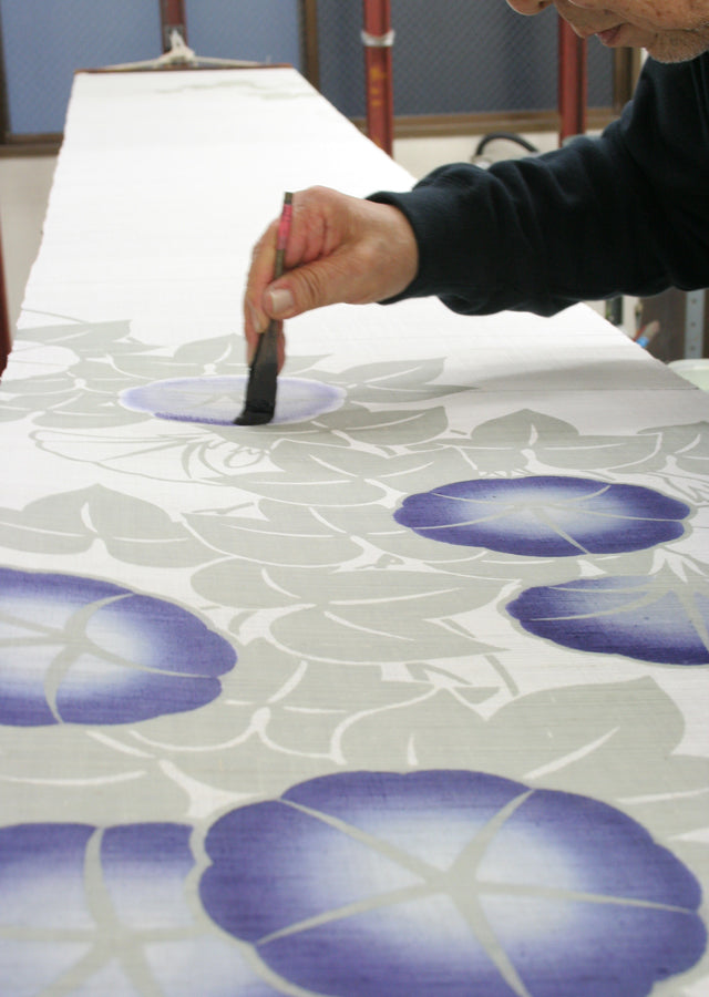 Hand-dyed Linen Noren (Japanese Doorway Curtain) - Morning Glory - , Kyoto Noren