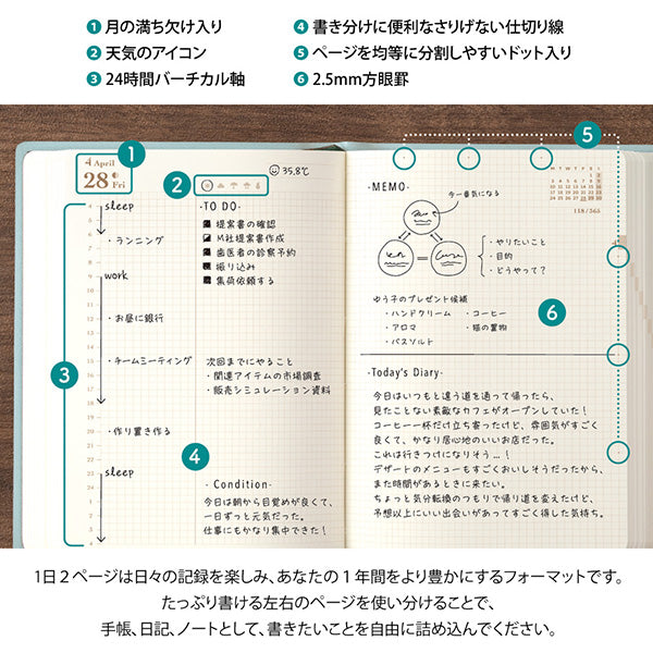 Midori Planner hibino 2-page-per-day notebook - A6 Size / Blue Green -, Japanese Planner, Diary, Journal, Agenda