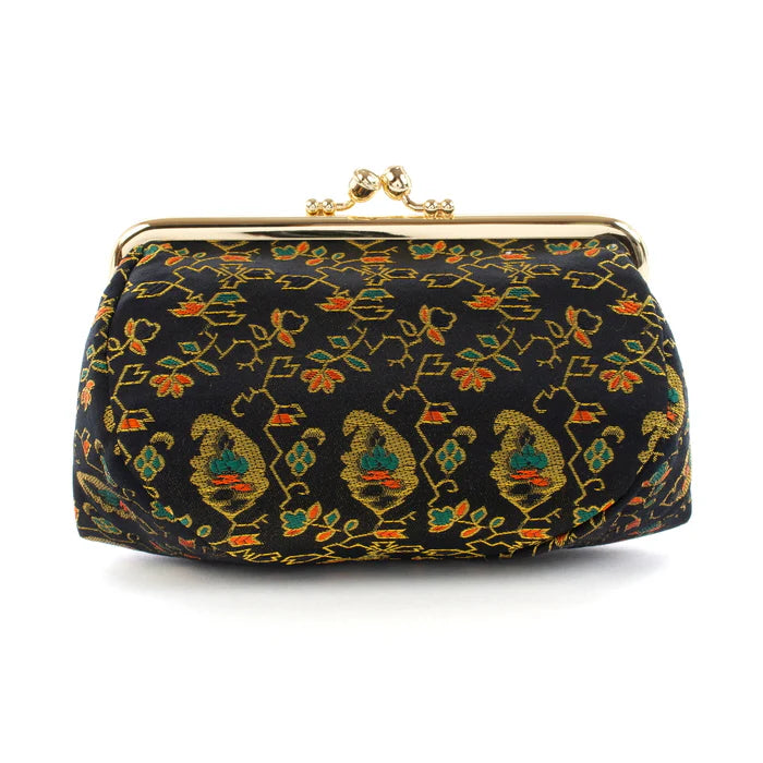 Nishijin-ori Small Pouch - Flower, Fruit, and Tree / Black -, Made in Kyoto, Japan, Cosmetic Pouch, Makeup Pouch, Japanese Gamaguchi Pouch, Travel Toiletry Pouch, Stationery Pouch, Bag organizer, Bag in Bag