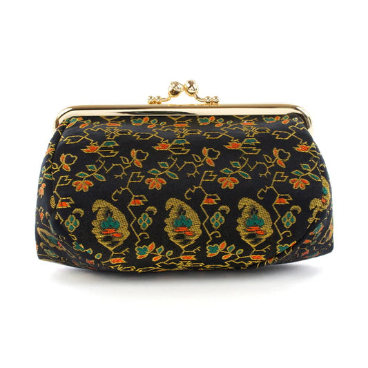 Nishijin-ori Small Pouch - Flower, Fruit, and Tree / Black -, Made in Kyoto, Japan, Cosmetic Pouch, Makeup Pouch, Japanese Gamaguchi Pouch, Travel Toiletry Pouch, Stationery Pouch, Bag organizer, Bag in Bag
