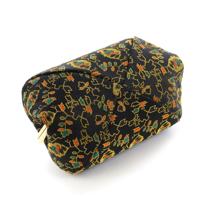 Nishijin-ori Small Pouch - Flower, Fruit, and Tree / Black -, Made in Kyoto, Japan, Cosmetic Pouch, Makeup Pouch, Japanese Gamaguchi Pouch, Travel Toiletry Pouch, Stationery Pouch, Bag organizer, Bag in Bag