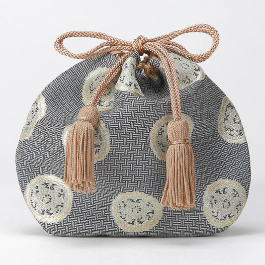 Nishijin-ori Small Drawstring Bag - Wheel-shaped Treasure / Gray -,  Made in Kyoto, Japan,  Japanese traditional craft purse
