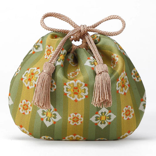 Nishijin-ori Small Drawstring Bag - Flower / Green -,  Made in Kyoto, Japan,  Japanese traditional craft purse