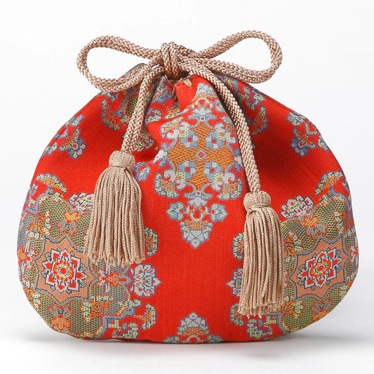 Nishijin-ori Small Drawstring Bag - Flower / Red -,  Made in Kyoto, Japan,  Japanese traditional craft purse