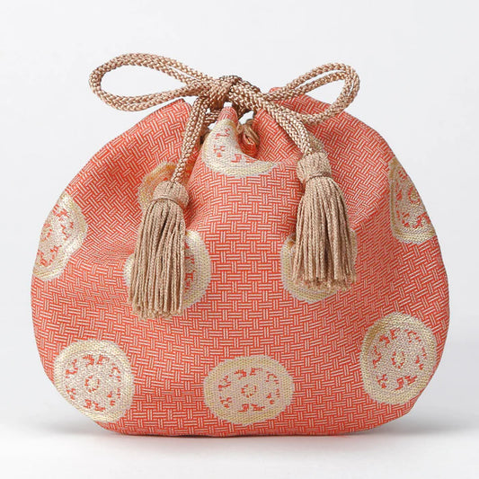 Nishijin-ori Small Drawstring Bag - Wheel-shaped Treasure / Rose -,  Made in Kyoto, Japan,  Japanese traditional craft purse