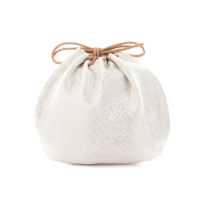 Nishijin-ori Small Drawstring Bag - Crumpled Pattern / Silver and White -,  Made in Kyoto, Japan,  Japanese traditional craft purse
