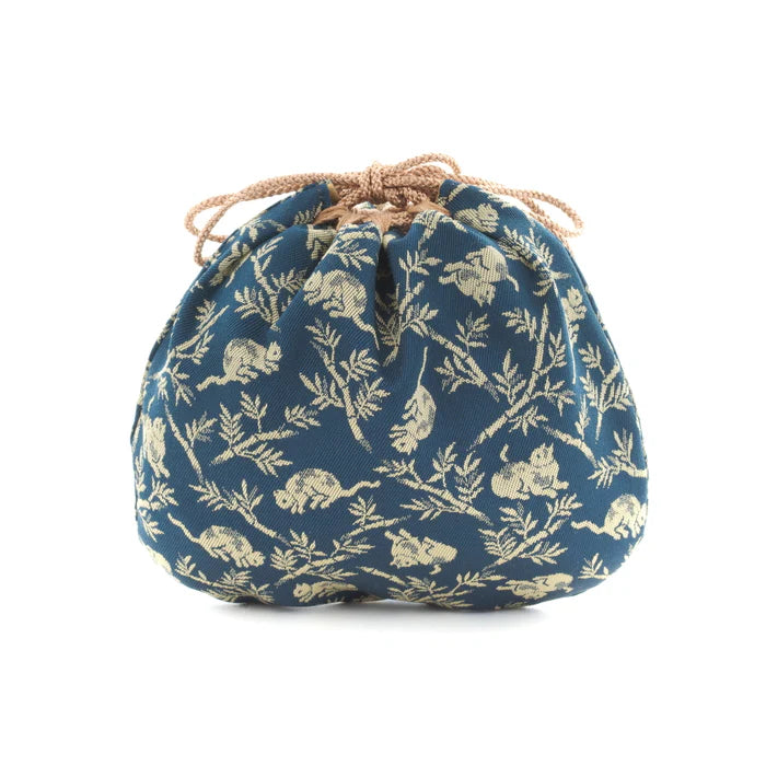 Nishijin-ori Small Drawstring Bag - Bamboo Groves and Cats / Navy Blue -,  Made in Kyoto, Japan,  Japanese traditional craft purse