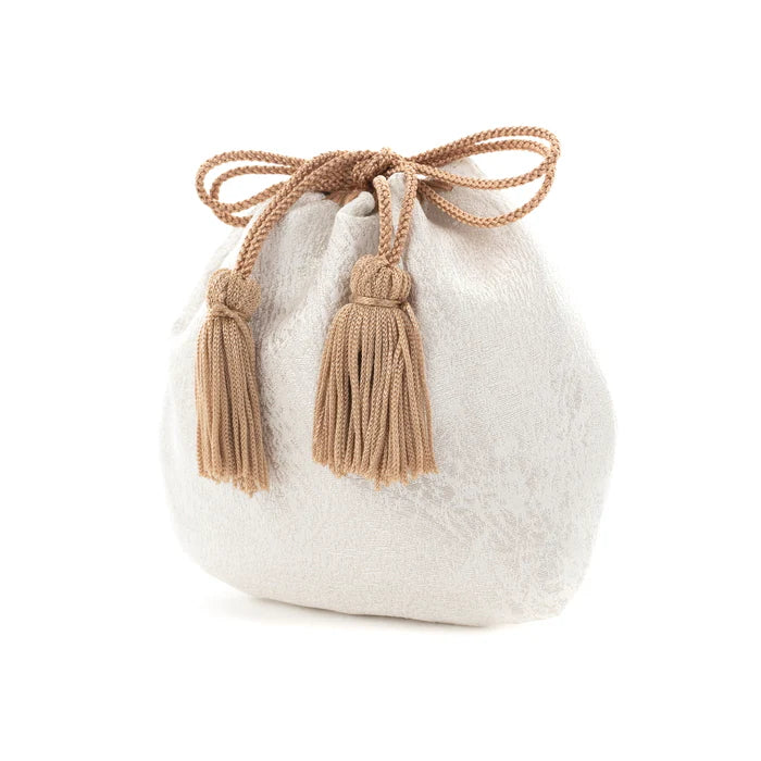 Nishijin-ori Small Drawstring Bag - Crumpled Pattern / Silver and White -,  Made in Kyoto, Japan,  Japanese traditional craft purse