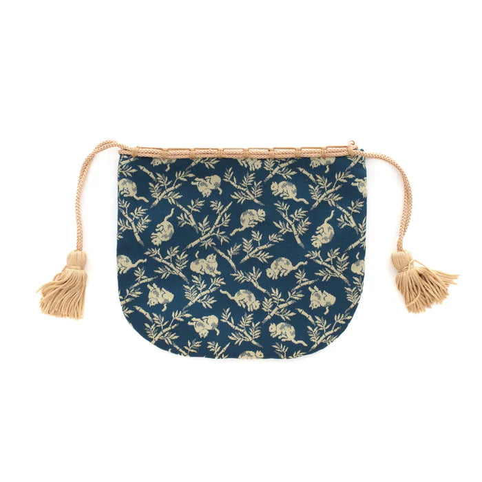Nishijin-ori Small Drawstring Bag - Bamboo Groves and Cats / Navy Blue -,  Made in Kyoto, Japan,  Japanese traditional craft purse