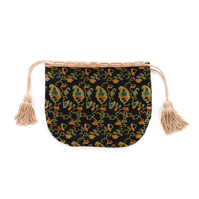 Nishijin-ori Small Drawstring Bag - Flower, Fruit, and Tree / Black -,  Made in Kyoto, Japan,  Japanese traditional craft purse