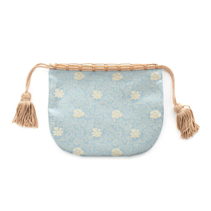 Nishijin-ori Small Drawstring Bag - Chrysanthemum and Peony Flowers / Blue -,  Made in Kyoto, Japan,  Japanese traditional craft purse
