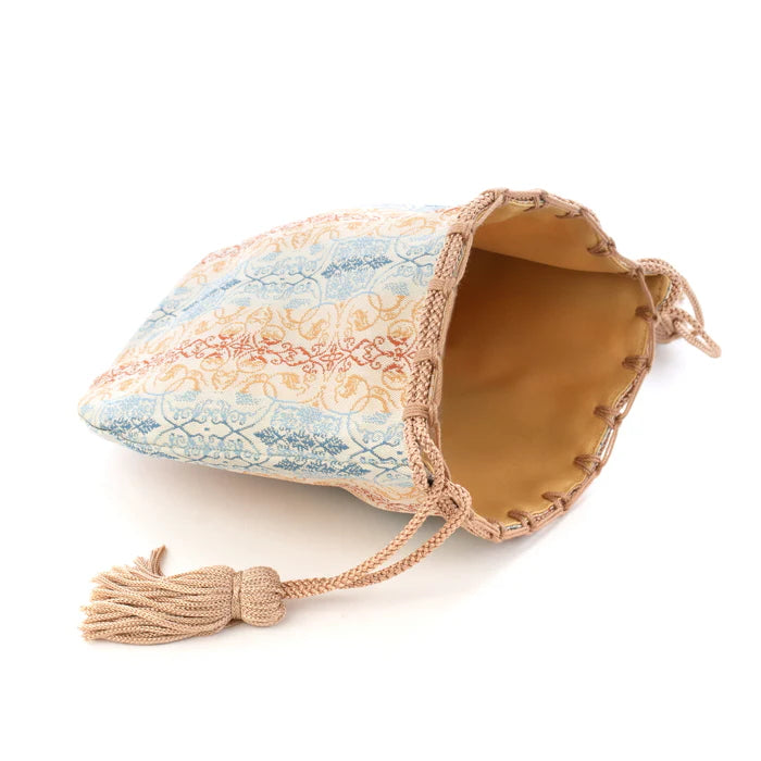 Nishijin-ori Small Drawstring Bag - Grapevine / Brown and Blue -,  Made in Kyoto, Japan,  Japanese traditional craft purse