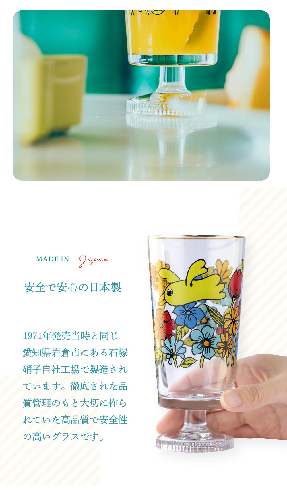 Retro Design Glass - Bird and Flower - ,  Made in Japan