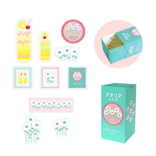 Retro Design Flake Stickers 30 pcs Set - Green Flower -, Japanese planner stickers