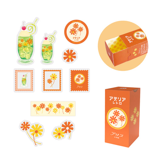 Retro Design Flake Stickers 30 pcs Set - Orange Flower -, Japanese planner stickers