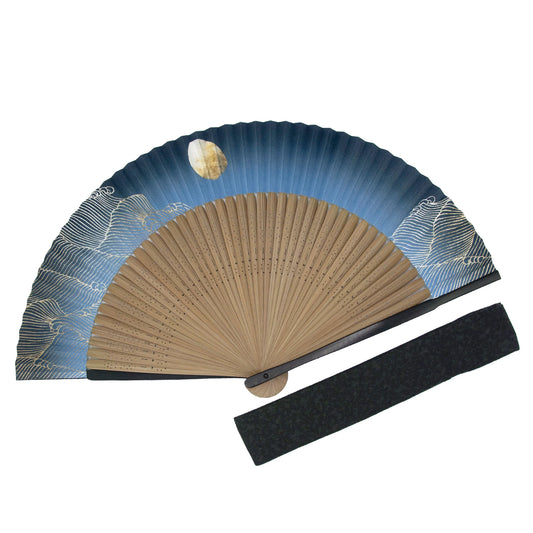 Kyo-sensu (Japanese folding fan) for Men - Moon and Wave / Navy Blue -, Made in Kyoto, Japan, Kyoto sensu