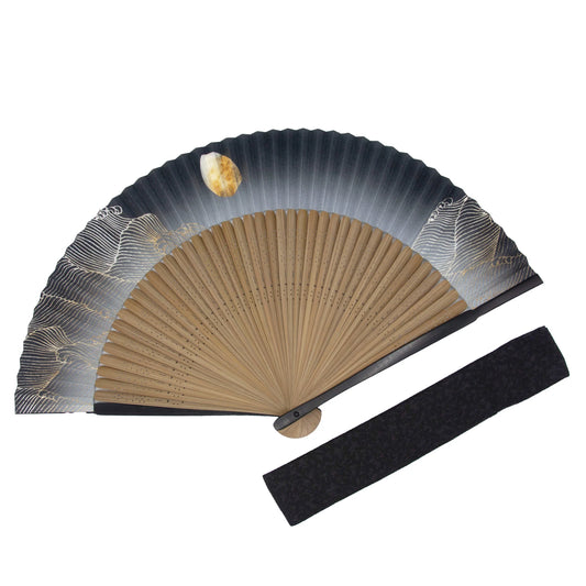 Kyo-sensu (Japanese folding fan) for Men - Moon and Wave / Black -, Made in Kyoto, Japan, Kyoto sensu