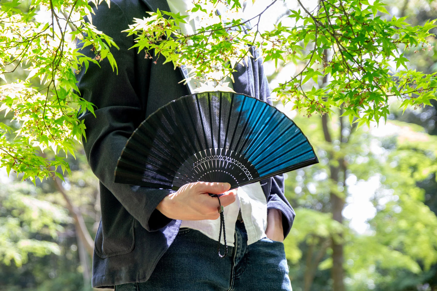 Kyo-sensu (Japanese folding fan) for Men - Kurozome (black dyeing) / Dull Blue Green -, Made in Kyoto, Japan, Kyoto sensu