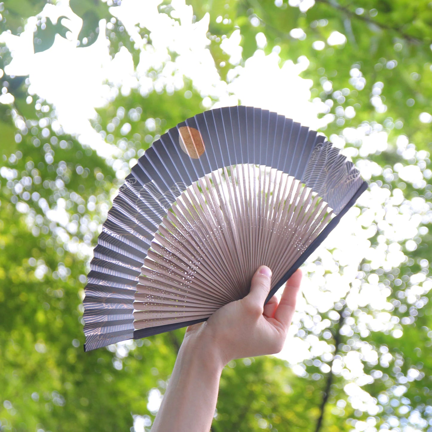 Kyo-sensu (Japanese folding fan) for Men - Moon and Wave / Black -, Made in Kyoto, Japan, Kyoto sensu