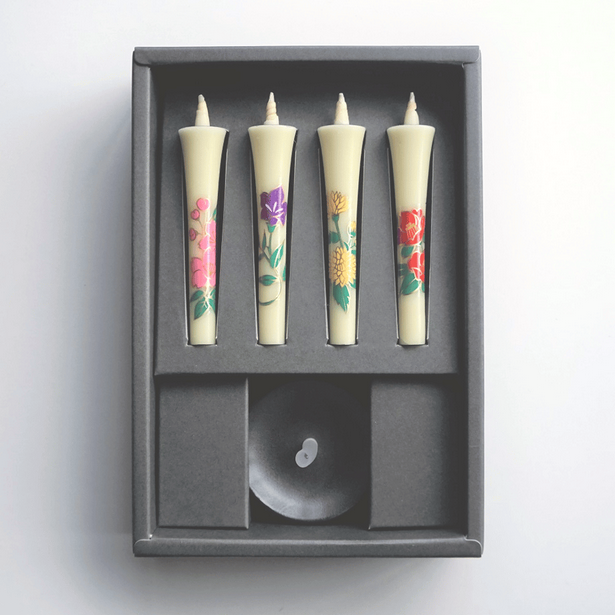 Takazawa Candle Japanese Candles with Ceramic Candle Holder Gift set - Four Seasons Flower -, Japanese Wa-Rousoku (Japanese candle)