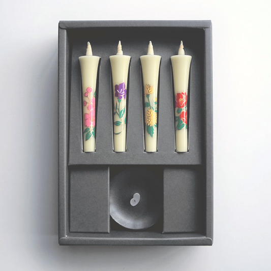 Takazawa Candle Japanese Candles with Ceramic Candle Holder Gift set - Four Seasons Flower -, Japanese Wa-Rousoku (Japanese candle)