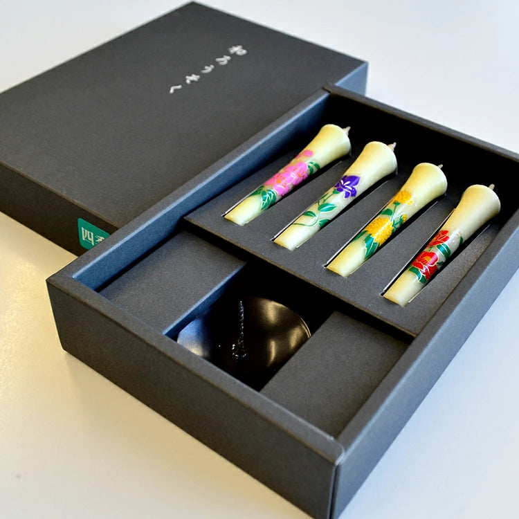 Takazawa Candle Japanese Candles with Ceramic Candle Holder Gift set - Four Seasons Flower -, Japanese Wa-Rousoku (Japanese candle)