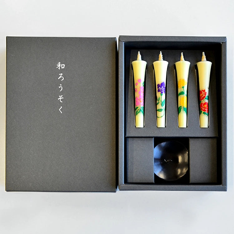 Takazawa Candle Japanese Candles with Ceramic Candle Holder Gift set - Four Seasons Flower -, Japanese Wa-Rousoku (Japanese candle)