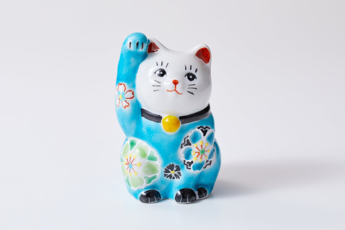 Kutani Yaki(ware) Japanese Maneki-Neko (Beckoning Cat) Figure - Cherry Blossom / Blue -, Japanese lucky cat figure